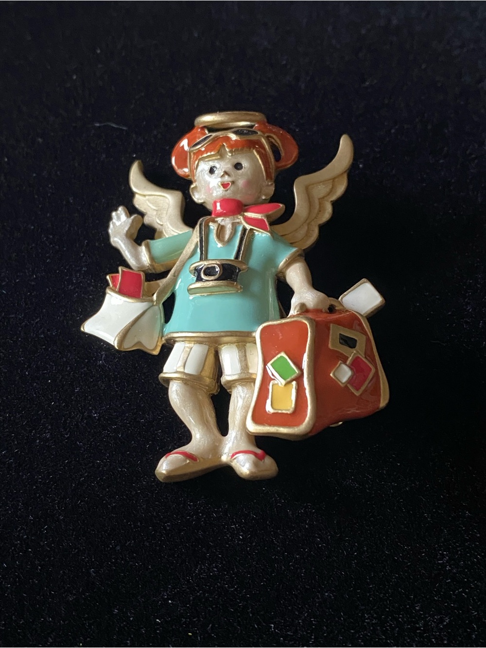 Vintage Brooch Signed Bob Mackie Angel Traveler with Suitcase